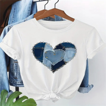 2050新欧美跨境女t恤牛仔爱心印花夏季新款时尚圆领T恤休闲短袖