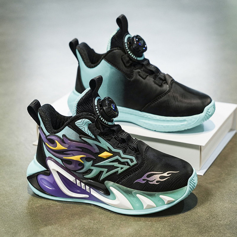 Hermosos zapatos de baloncesto de cuero para niños con botón giratorio, zapatos de correr cómodos con suela gruesa, zapatos de moda al aire libre