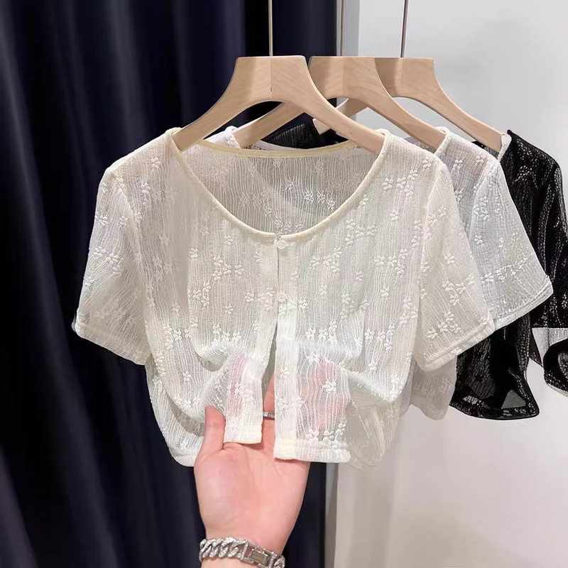 Mesh Cardigan Knitted Short-Sleeved Women's Lace Sunscreen Shawl Summer 2024 New Style with Suspender Skirt Short Outer Wear