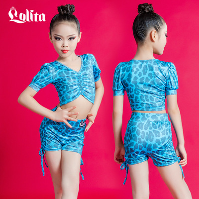 Girls blue leopard printed latin dance costumes for kids children latin dance wear stage performance practice latin dance outfits 