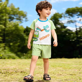 跨境童装现货 2026夏季新款短袖男童套装 欧美卡通中小儿童两件套