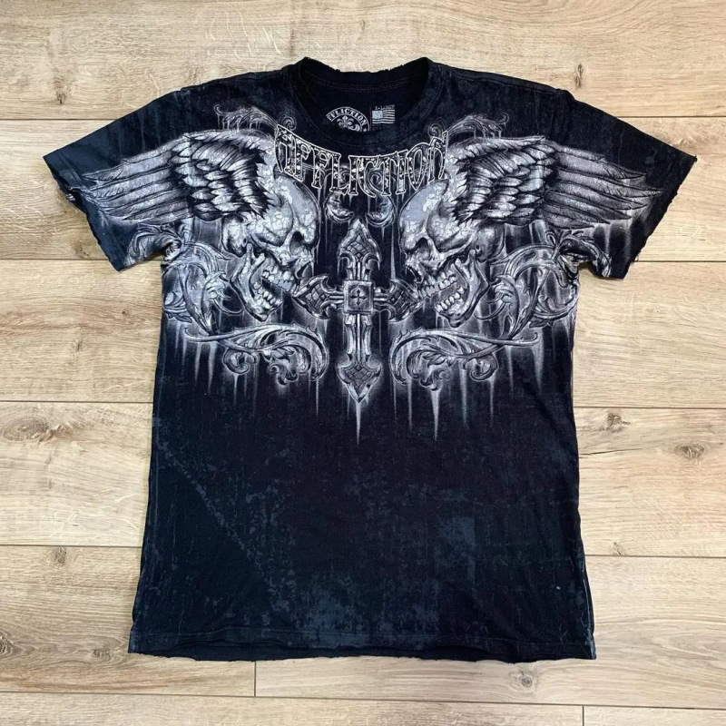 越境電気商夏アメリカレトロ街頭暗黒風プリント半袖tシャツ英語ゆるいトレンド男性上着|undefined