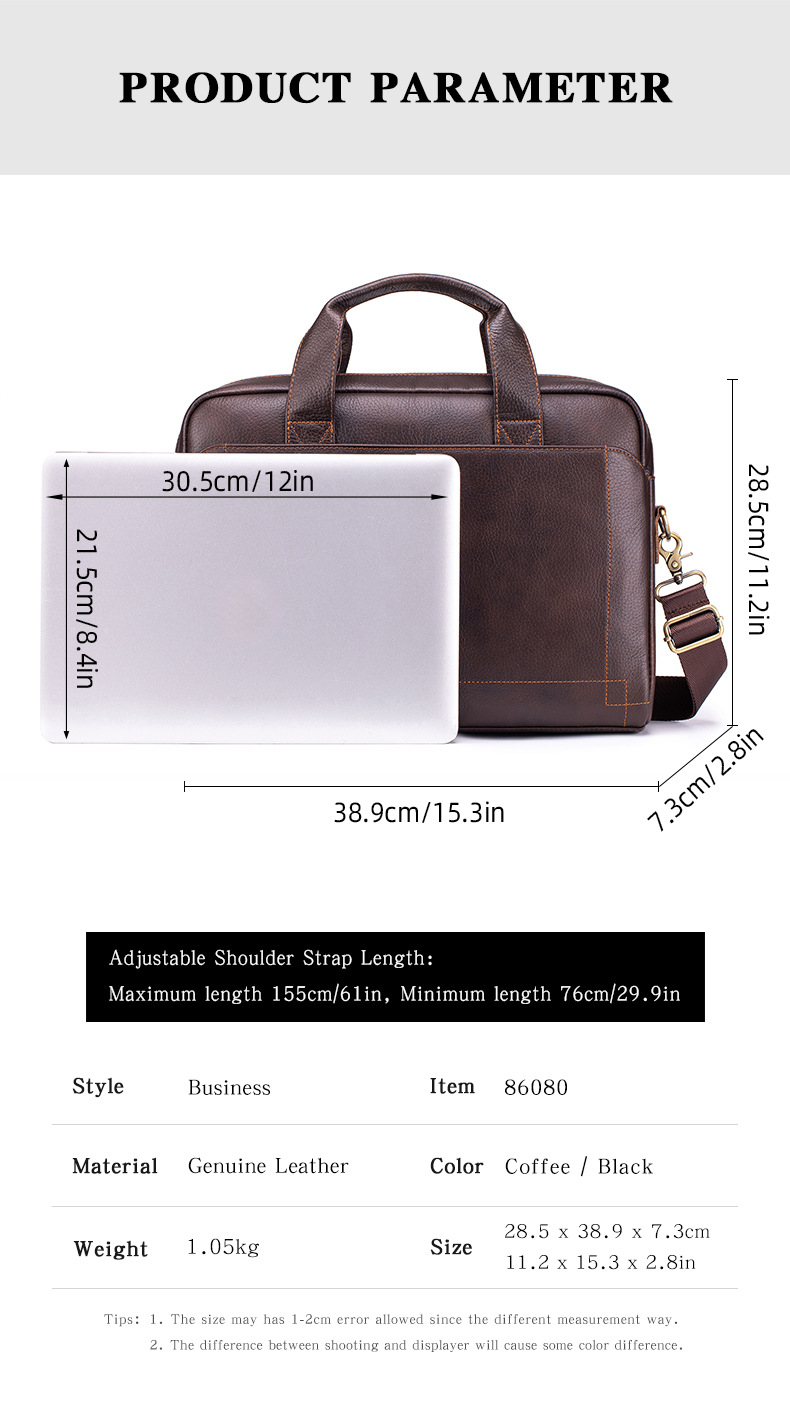 Cặp công sở nam da bò lớp đầu tiên Lion Leiden, túi xách tay đeo vai đựng laptop 15.6 inch — Màu cà phê, Màu đen chi tiết 20