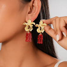 新中式金属感亚克力花朵囍字银针耳环小众高级感个性时尚复古耳饰