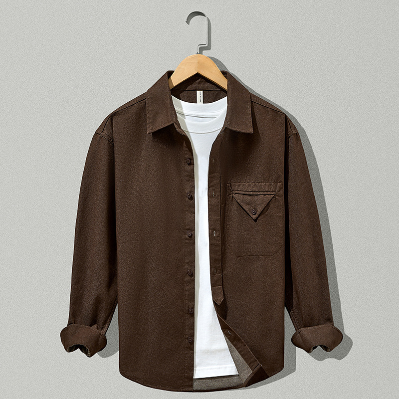 W811男装秋季加厚新款长袖休闲衬衫简约帅气宽松百搭男士纯色衬衣