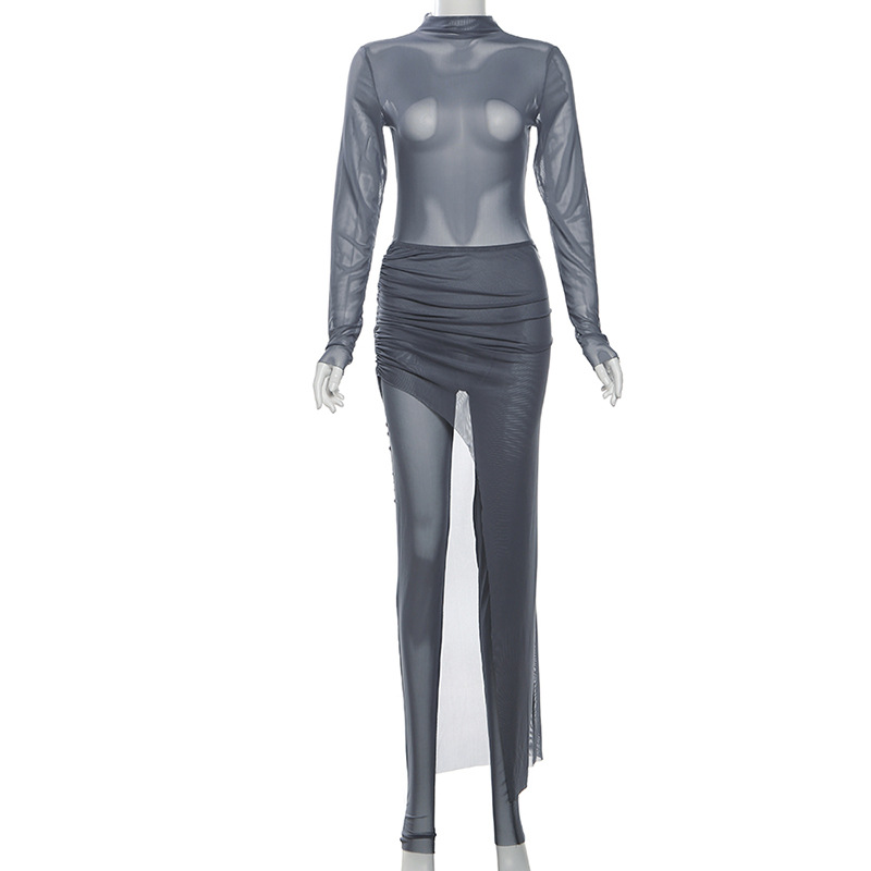 Fall Women Clothing Personality Round Neck Long Sleeve Slim Fit Slimming Jumpsuit Pleated Mid Length Skirt Set Women