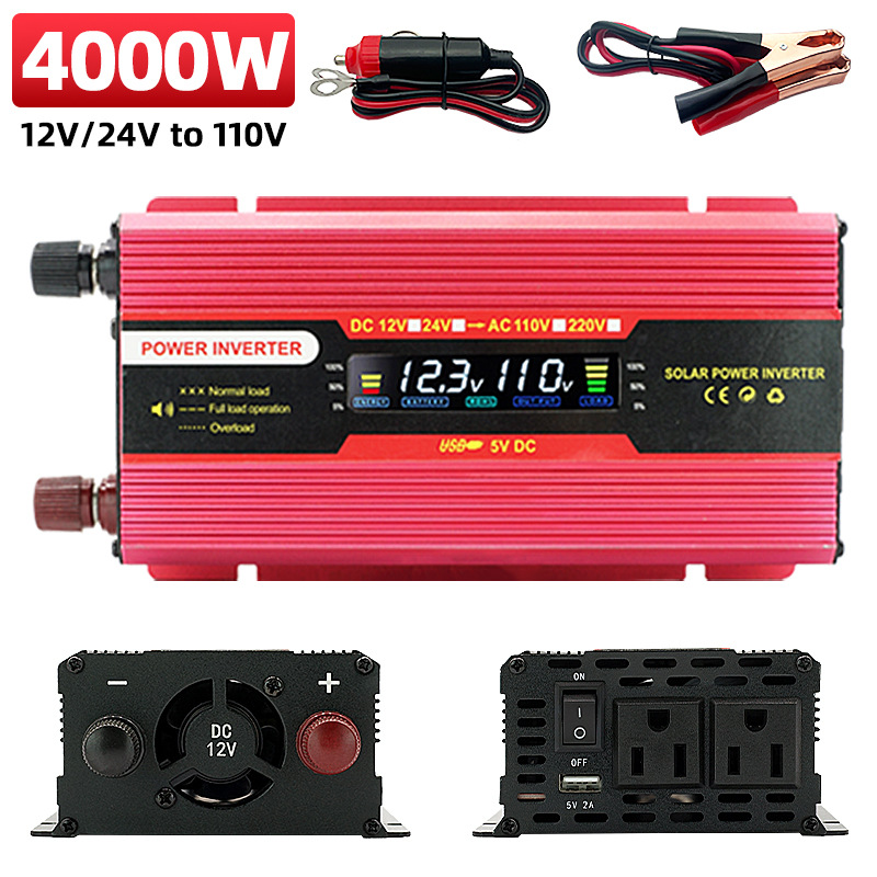 Inversor de Corriente para Automóvil con Pantalla LCD Digital Transfronteriza, Estándar Estadounidense, Amazon, Doble Voltaje de 12-24v a 110v, Alta Potencia de 6000W