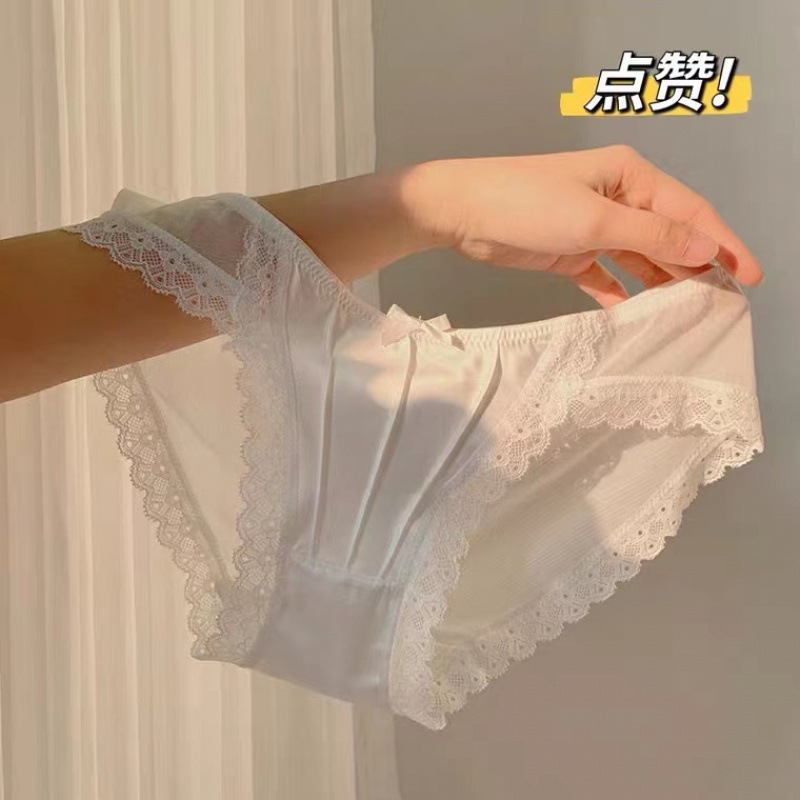 French Retro Satin White Underwear Women's Pure Lust Lace Sexy Mesh Triangle Shorts Mid-Low Waist Thin Crotch