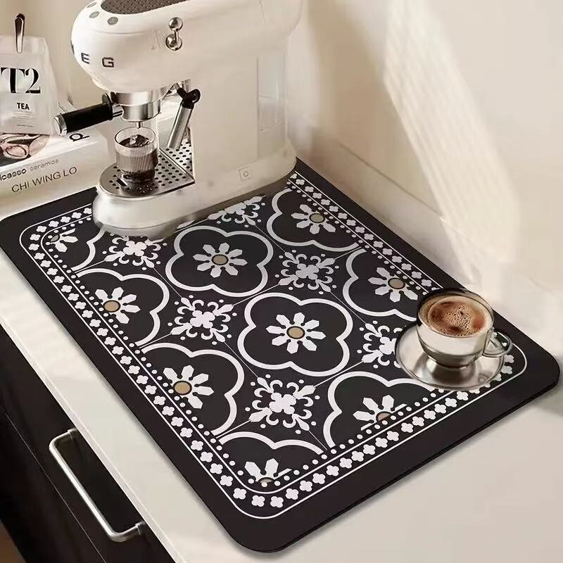 American-Style Retro Floral Tile Diatomaceous Earth Draining Mat, Heat-Resistant Protective Mat, Coffee Machine Mat, Bowl and Plate Water-Absorbing Drying Mat