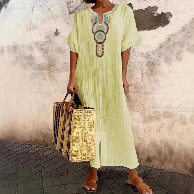 European and American Foreign Trade New Amazon independent station cotton and linen embroidered split dress a large number of in stock 8 yards optional