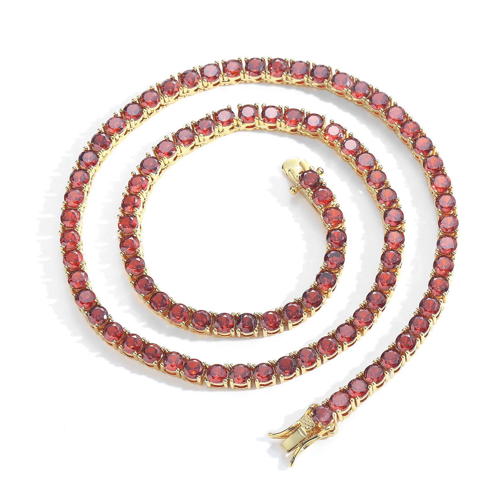 跨境欧美网球链4mm红色锆石单排锆石网球嘻哈项链男女时尚百搭配