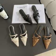 包頭半拖鞋女鞋子外穿2023年夏季新款復古法式尖頭淺口低跟穆勒鞋