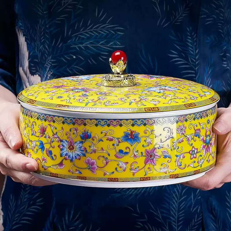 珐琅彩陶瓷茶叶罐储水罐普洱茶饼收纳盒分体式大水洗带盖干果盘