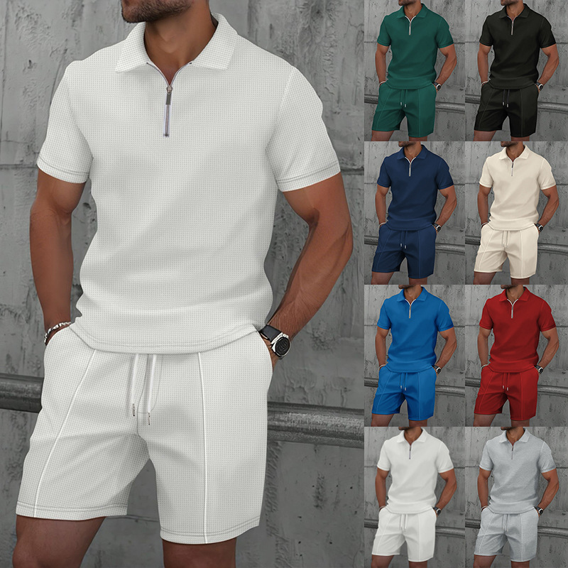 Cross-Border Foreign Trade Amazon Aliexpress New Men's Waffle Polo Shirt Casual Loose Short-Sleeved Shorts Set