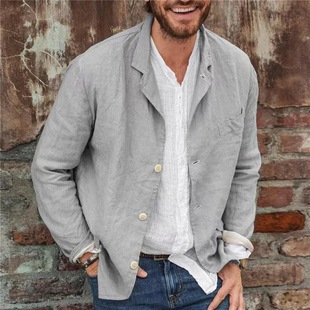 2024 Cross-Border European and American Aliexpress Men's Clothing Spring & Fall Casual Cotton and Linen Loose Suit Jacket Suit Top