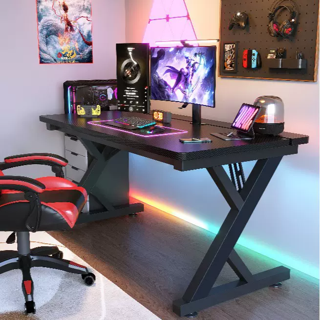 网吧电脑桌碳纤维纹网红直播桌家用书桌RGB灯实木钛戟游戏电竟桌