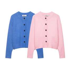 跨境亚马逊外贸春季爆款蓝粉双色色针织开衫圆领单排扣短款上衣女