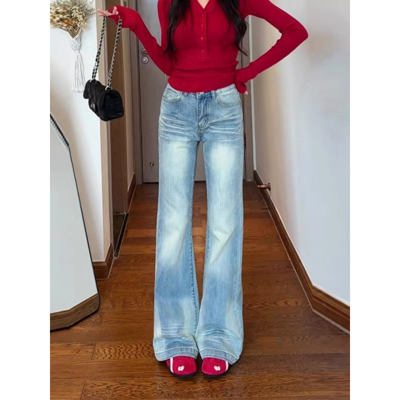 American-Style Light-Colored Washed Faded Crease Flared Jeans for Women, Autumn and Winter Low-Waist Loose Slimming Horse Hoof Floor-Length Pants