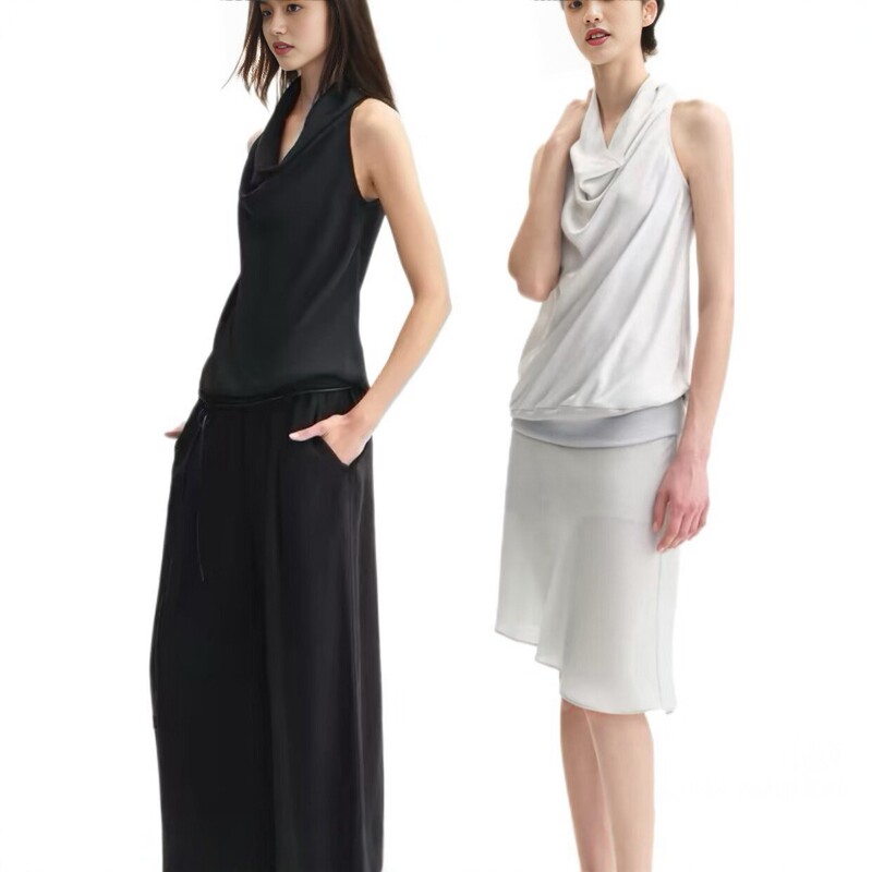 [in Stock] Soft Flow Draped Collar Vest in Black/Silver Gray, New Summer Style Acetate Fiber Sleeveless Top for Women