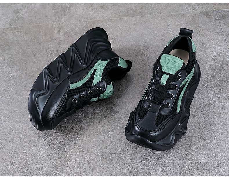 Giày sneaker chunky đế dày da bò cho nữ phối màu cổ điển — Màu đen chi tiết 11