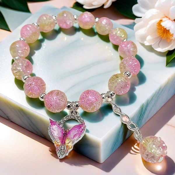 AF13 Pink and Yellow Glazed Colorful Butterfly Bracelet