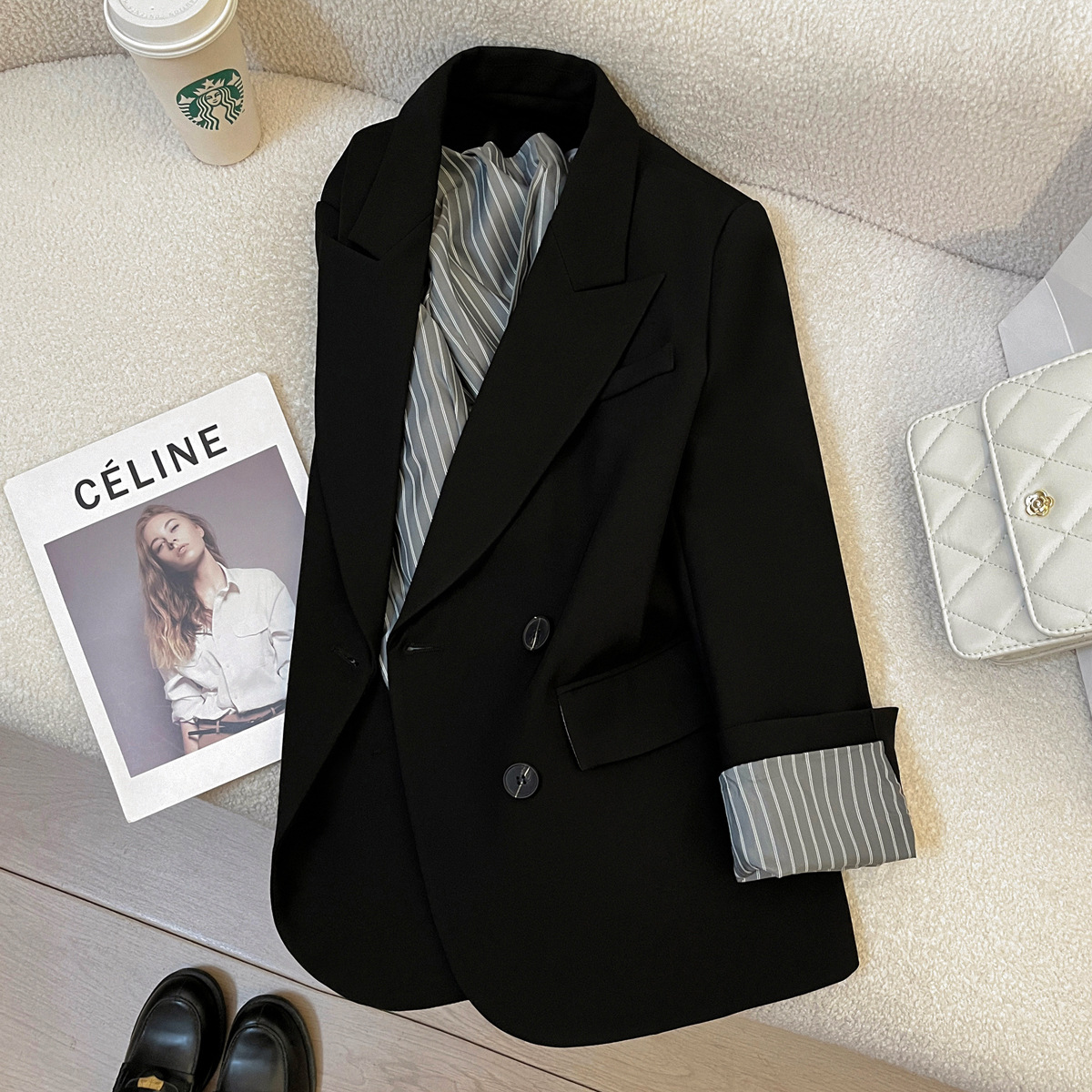 Black Striped Sleeve Design Blazer for Women, 2026 Autumn New Style, Petite Versatile Trendy Elegant Suit