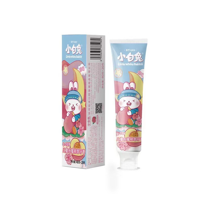 White Rabbit Children's Toothpaste for 2-12 Years Old, Deciduous Tooth Prevention, Enamel Strengthening, Blueberry, Strawberry, Peach Flavor