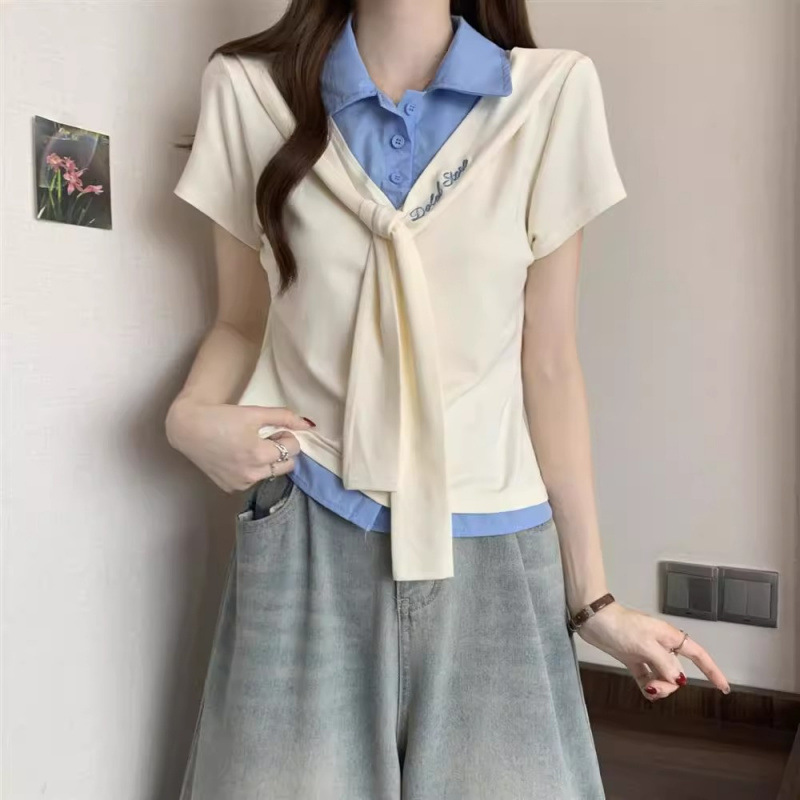 Fake Two-Piece Polo Collar Right Shoulder Short-Sleeved T-Shirt for Women 2025 Summer Fat mm Pinch Waist Shirt Preppy Style Tie Top