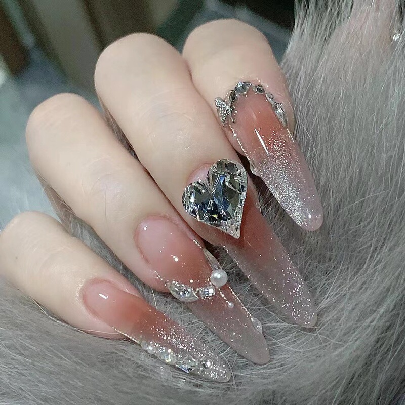 Wearing Armor Handmade Fake Nail Finished Elf Princess Blush Cat's Eye Bead Curtain Love Drill Long Nail Art Patch
