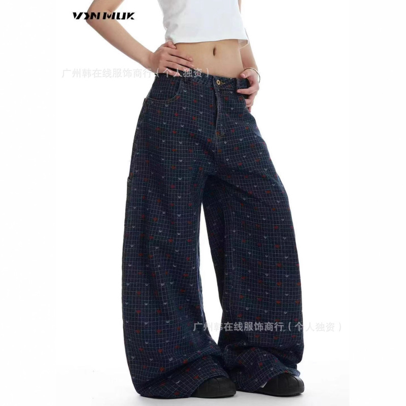 现货原创美式复古格子爱心弯刀牛仔裤女秋季宽松阔腿裤设计感裤子|undefined