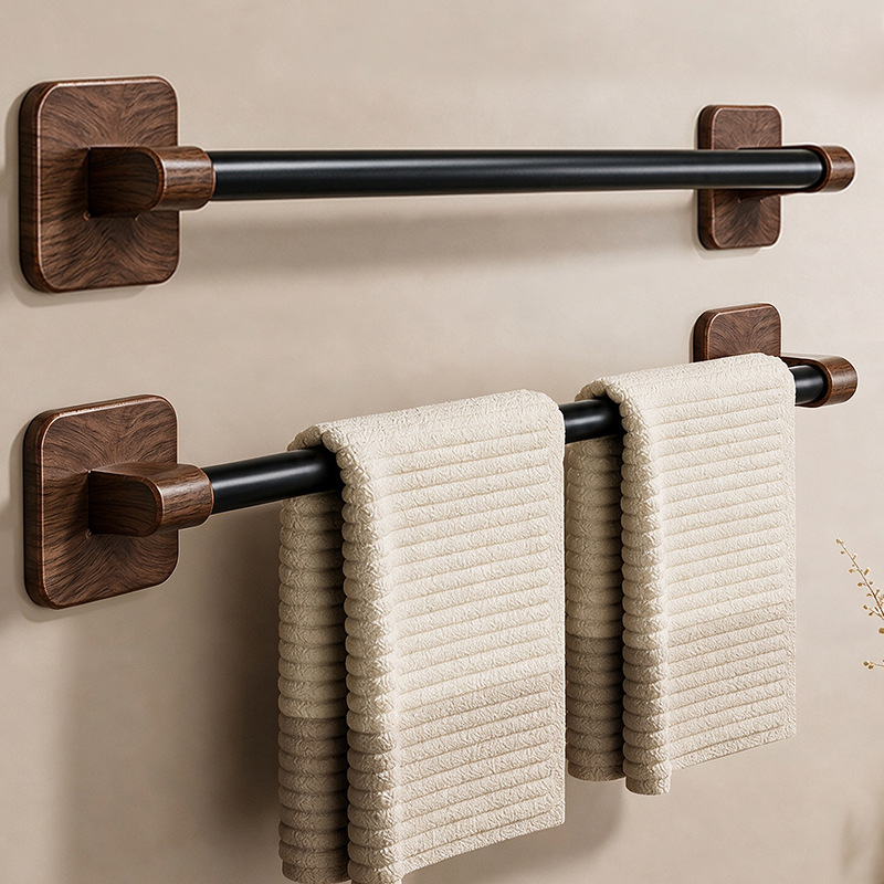 Walnut-colored bathroom towel rack, no-drill wall-mounted storage rack, single-towel bar for toilet and restroom