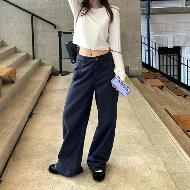 Im to 1 California Highway' American Retro Straight Pants Women's Simple Rivet Loose Lazy Work Jeans