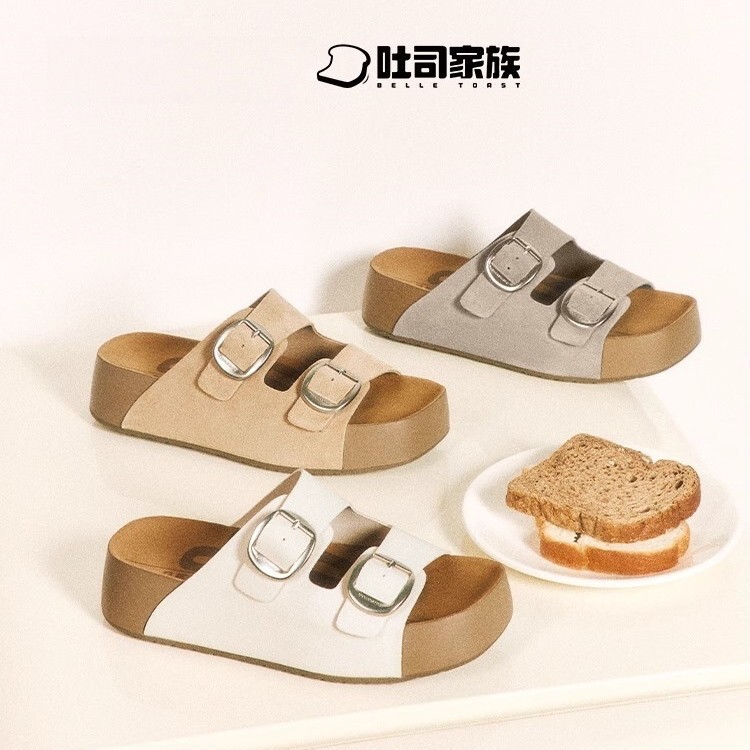 牛革バージョン~周裕通と沈岳の同じスタイルの生チョコレートトースト厚底ボーケンスリッパ2025夏の新作サンダル|undefined