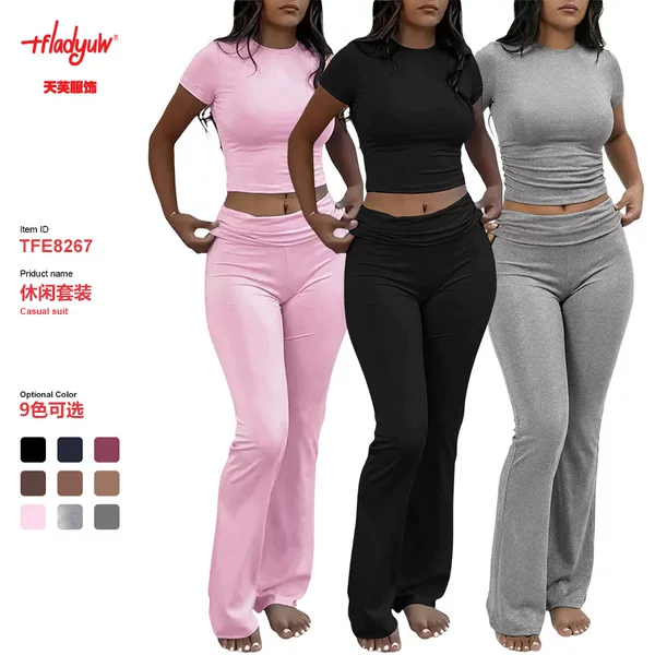 European and American Cross-Border Hot-Selling Casual Workout Women's Two-Piece Set: Round-Neck T-Shirt and Low-Waist Flared Pants Sports Outfit