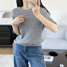 跨境2026新款纯棉麻花针织短袖女圆领修身显瘦通勤百搭上衣