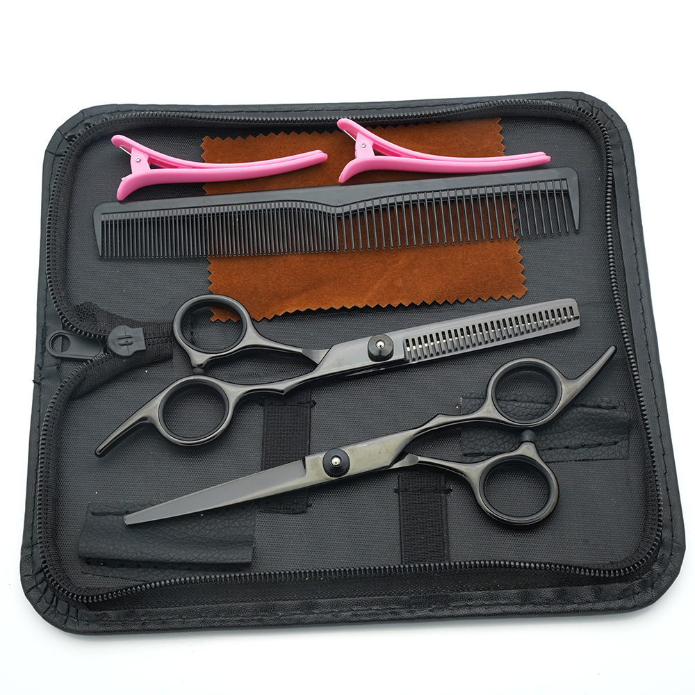 Tijeras de peluquería de 6 pulgadas, negras y doradas, con mango inclinado y de alta calidad, juego de tijeras de peluquería al por mayor para cortar el cabello.