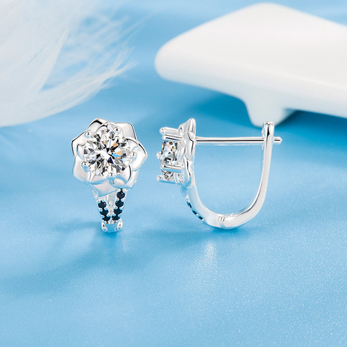 Cross-border new style silver-plated diamond zircon flower earrings for women light luxury black zircon rose flower earrings women's earrings wholesale