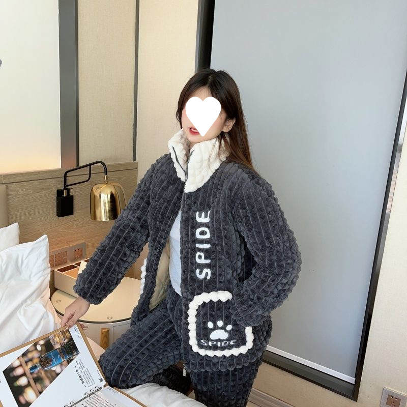 매우 두꺼운 3겹 퀼팅 플러스 사이즈 커플 남녀 두꺼운 벨벳 파자마 겨울 따뜻한 홈 의류