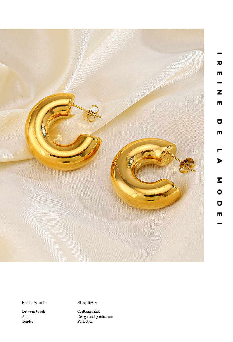 11g Weight PVD Coated Gold Plating Process PVD Coated 18K Gold Plated C Shape 304 Stainless Steel Casual Hip-Hop Waterproof Non Tarnish Ear Studs
