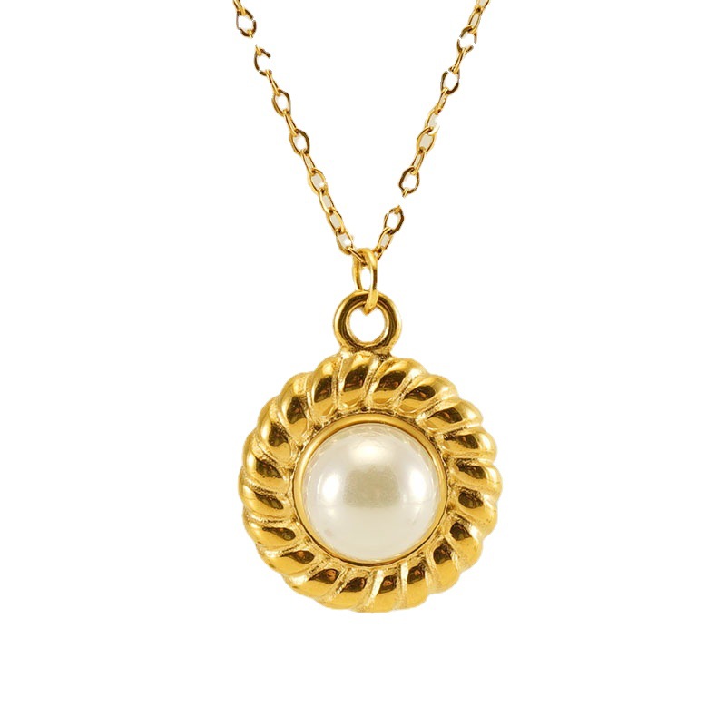 Transfronterizo europeo y americano Acero inoxidable 18K oro diseño sentido del sol flor perla collar titanio acero moda nuevo cuello para las mujeres