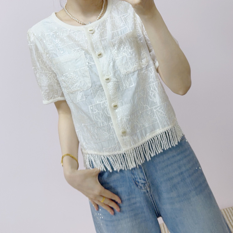 2026 Summer New Arrivals Boutique Brand Fashionable and Versatile Embroidered Tassel Cardigan Short-Sleeve Top 686 2026 Summer New Arrivals Boutique Brand Fashionable and Versatile Embroidered Tassel Cardigan Short-Sleeve Top 686