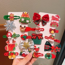 2025新款圣诞发夹套装布艺蝴蝶结儿童发卡铃铛麋鹿雪花10件套发饰