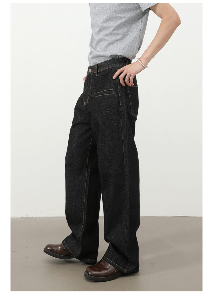 Quần jean nam ống rộng dáng suông có túi kiểu Hàn Quốc — Denim đen, màu xanh denim chi tiết 13