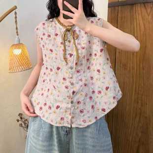 2025 New Summer Casual Versatile Fungus Collar Buttoned Printed Rain Dew Linen Sleeveless Top Shirt for Women