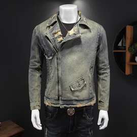 重机车服新款男做旧灰摩托服牛仔外套男潮牌高端夹克工装上衣