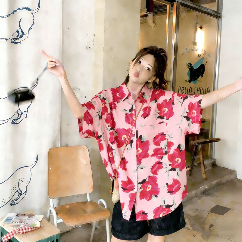American-Style Japanese-Style Peach Blossom Pink Casual Hawaiian-Style Shirt for Women, Hong Kong-Style Sweet and Cool Personality Retro Printed Shirt Trendy American-Style Japanese-Style Peach Blossom Pink Casual Hawaiian-Style Shirt for Women, Hong Kong-Style Sweet and Cool Personality Retro Printed Shirt Trendy