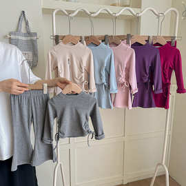 韩国童装女童套装2025新款儿童春秋装修身纯色上衣喇叭裤洋气套装