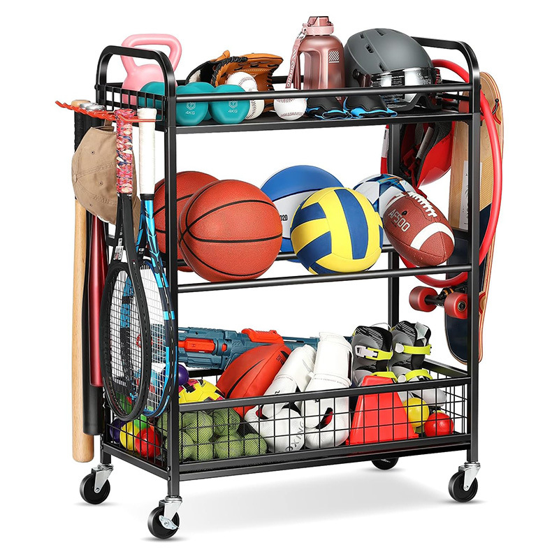球类存储运动器材收纳架车库储物车带轮子的球类存储架 带有挂钩