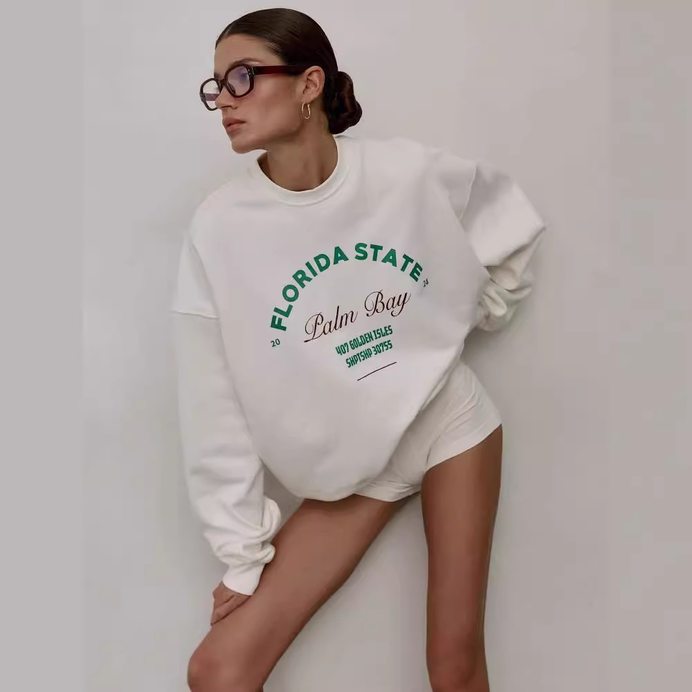 Felpa girocollo casual con stampa di lettere di base per donna, versatile e ampia, unisex, primaverile e autunnale_voghion.com