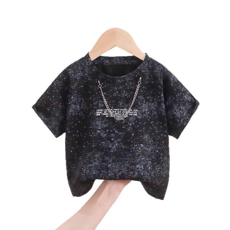 7836 Camiseta de manga corta de verano para niños, niño delgado, collar de estilo extranjero, camisa de bebé de media manga, vestido de verano para niños